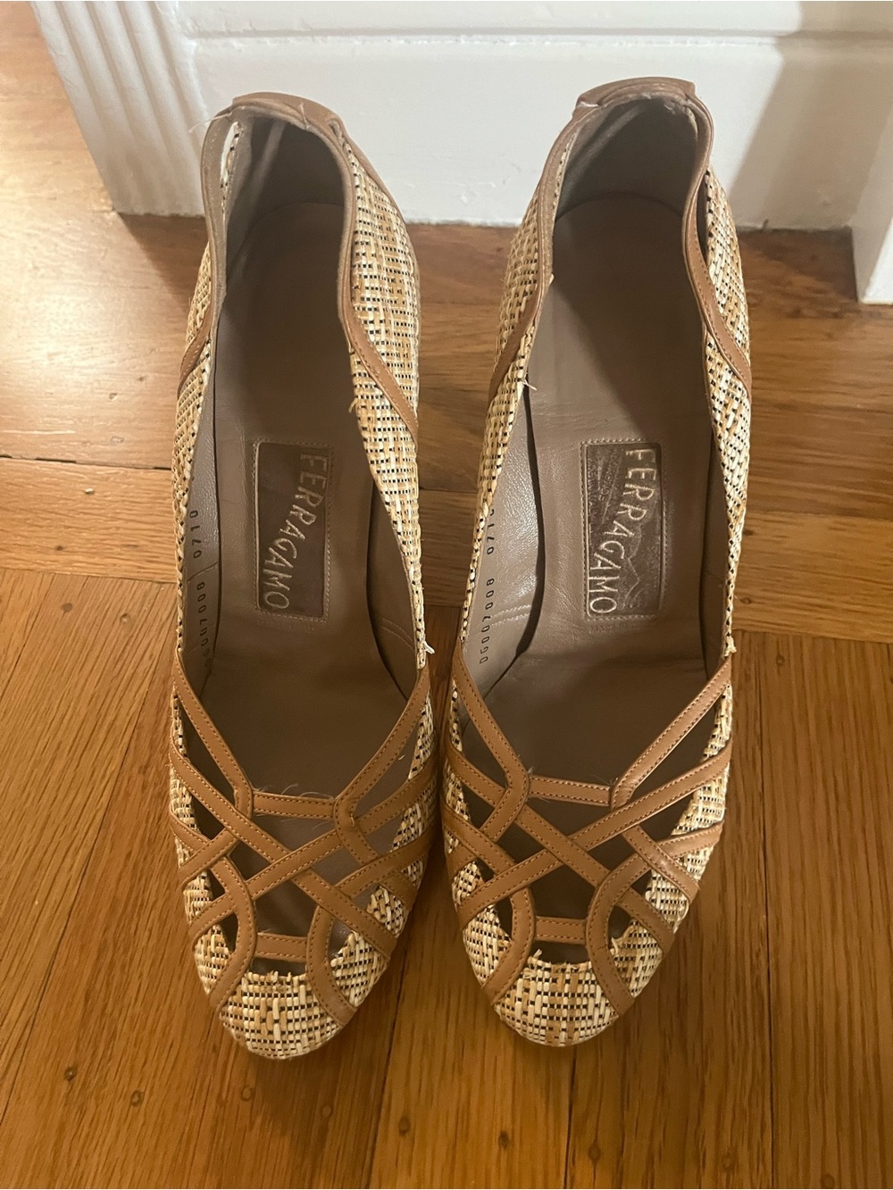 Salvatore Ferragamo Tan and Cream Woven Peep-Toe Pumps